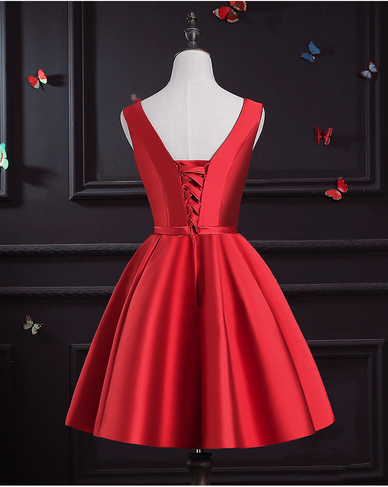 Dark Red Satin Homecoming Dress, Short Prom Dress – Cutedressy