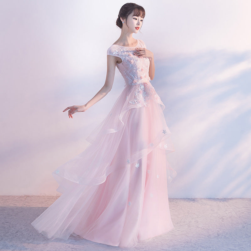 Beautiful Pink Flower Tulle and Satin Long Evening Dress, Pink Formal ...