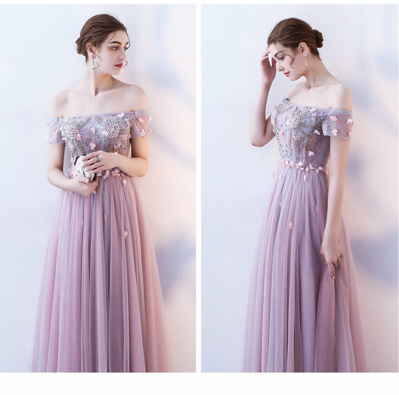 Pink Tulle Flowers and Beaded Long Off Shoulder Prom Dress, A-line Pin ...