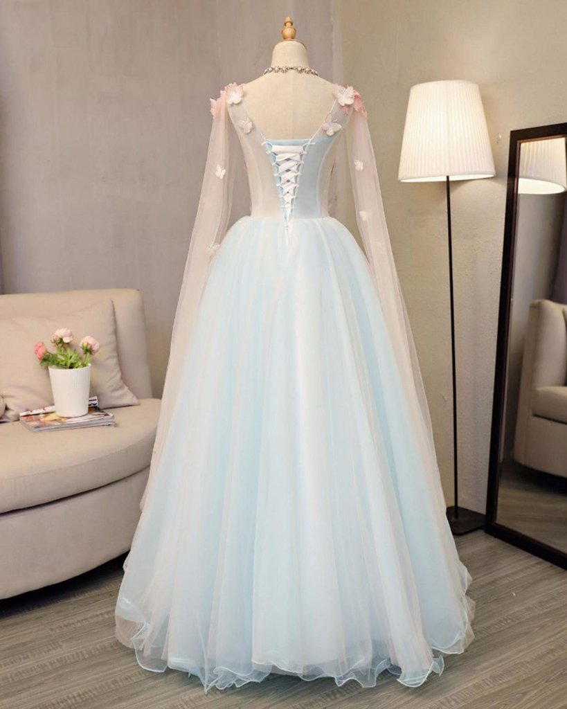 Light Blue Gorgeous Butterfly Long Formal Gowns, Handmade Tulle Gowns ...