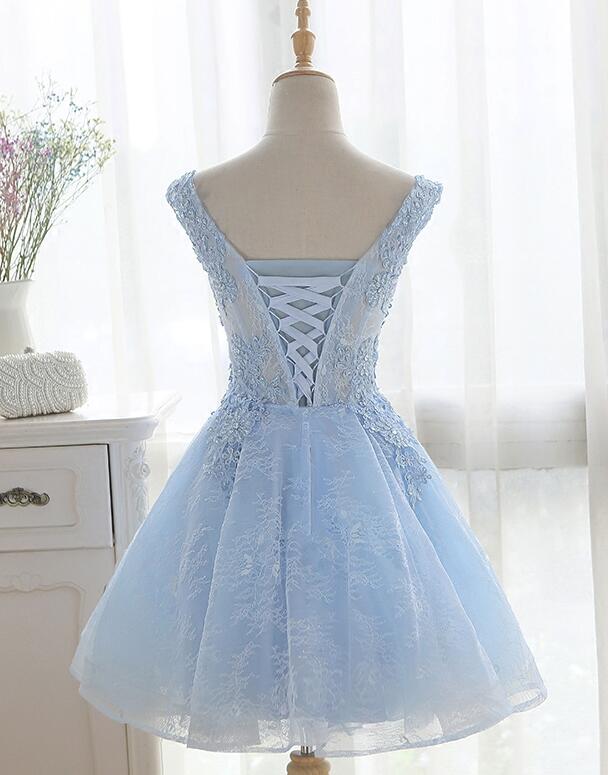 Light Blue Cute V-neckline Lace Short Party Dress, Lace Formal Dress ...