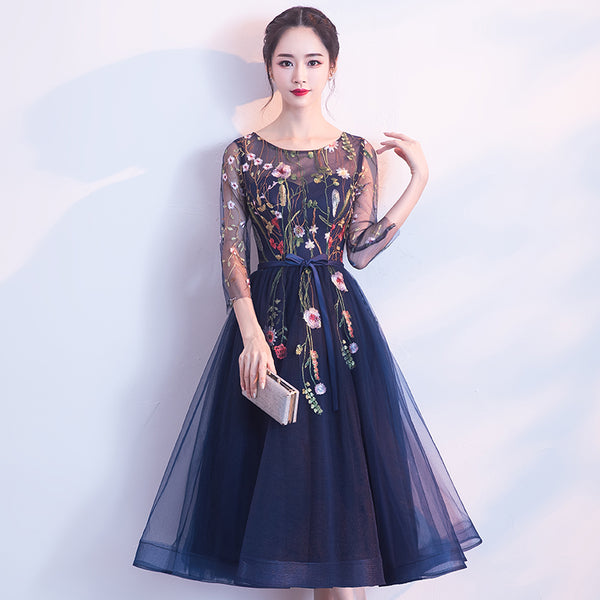 Navy Blue Lace Floral Tulle Tea Length Wedding Party Dress, Blue Forma ...
