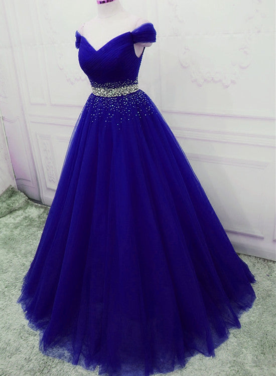 Elegant Royal Blue Tulle Sequins Prom Dress 2020, A-line Long Party Dr ...