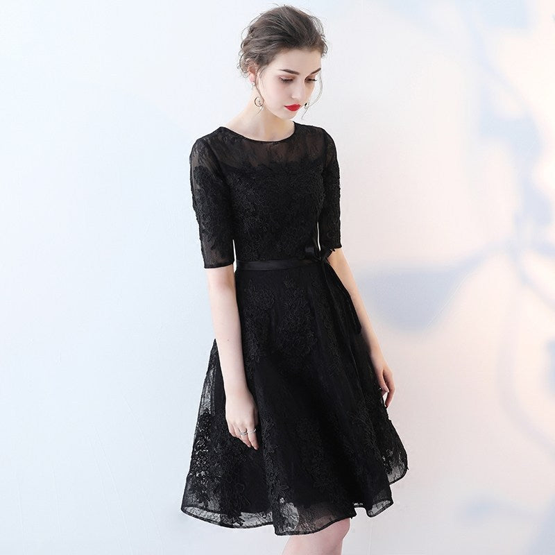 Cute Black Lace Short Sleeves Party Dress, Black Lace Homecoming Dress ...