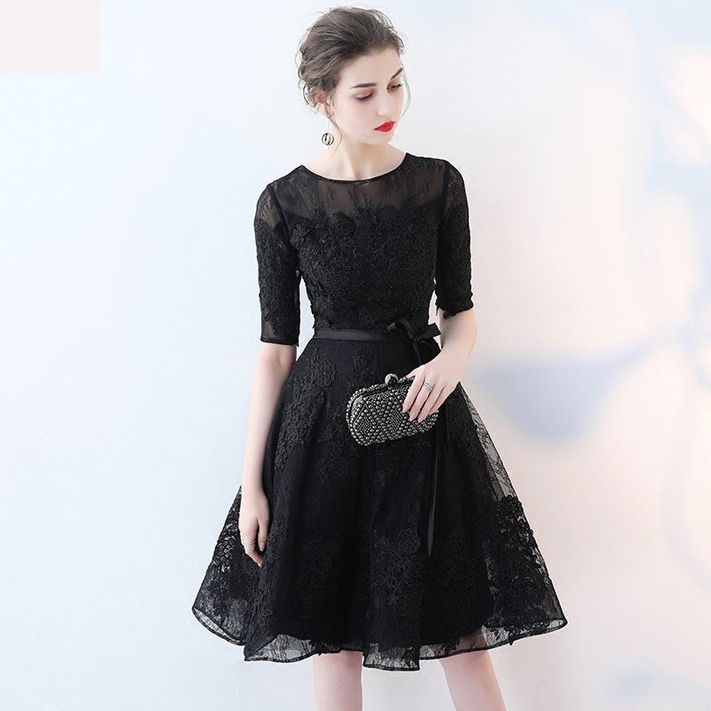 Cute Black Lace Short Sleeves Party Dress, Black Lace Homecoming Dress ...