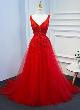 Gorgeous Black and Red V-neckline Tulle Beaded Prom Dress, Long Evenin –  Cutedressy