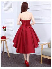 Wine Red Satin Cute High Low Homecoming Dresses, Sweetheart Party Dresses