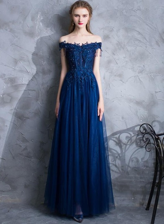 Navy Blue Tulle Long Party Dres with Lace Applique, Off Shoulder Long ...