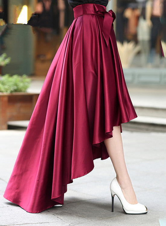 Women High Low Skirt with Belt, Burgundy Skirt, Women Skirts – Cutedressy