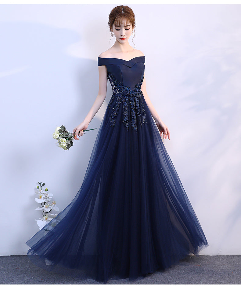 Navy Blue Off Shoulder Tulle A-line Long Evening Dress, Simple Prom Dr ...
