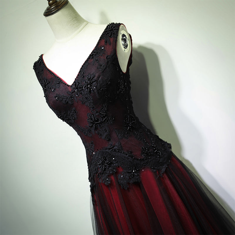 Gorgeous Black And Red V Neckline Tulle Beaded Prom Dress Long Evenin Cutedressy 7749