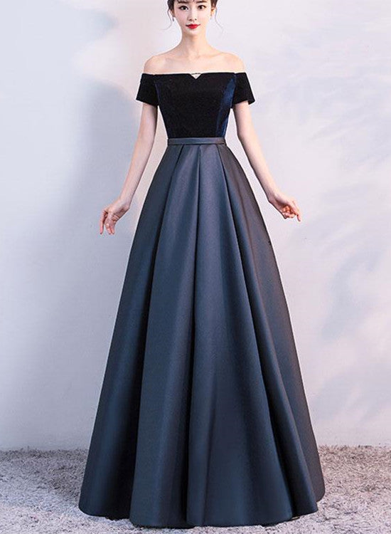 Elegant Velvet and Satin Off Shoulder Floor Length Party Dress, Blue E ...