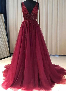 Long Sleeves V-neck Ball Gowns Lace Burgundy Prom Dresses,BD98166 –  luladress