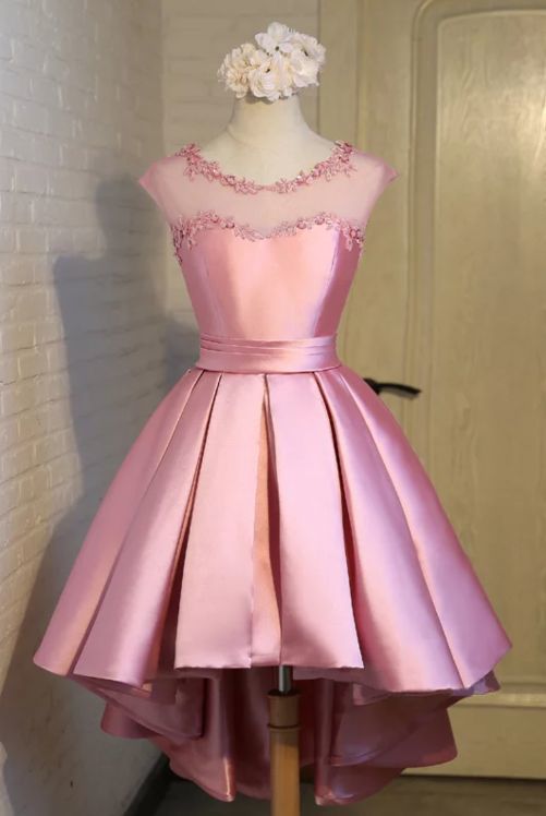 Gorgeous High Low Satin Homecoming Dress, Round Neckline Lace-up Dress ...