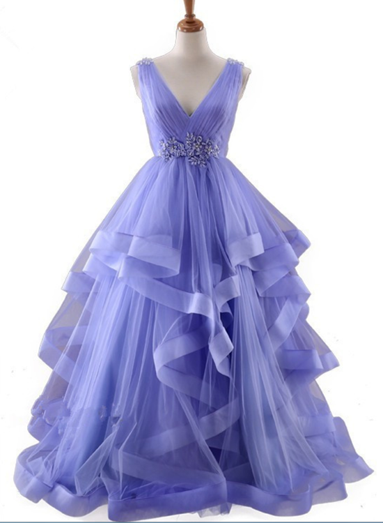 Lavender Tulle V-neckline Layers Long Sweet 16 Dress, Light Purple Pro ...