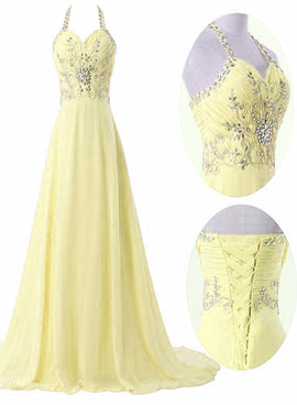 Yellow Chiffon Butterfly Appliques Backless Prom Dresses,CP0001