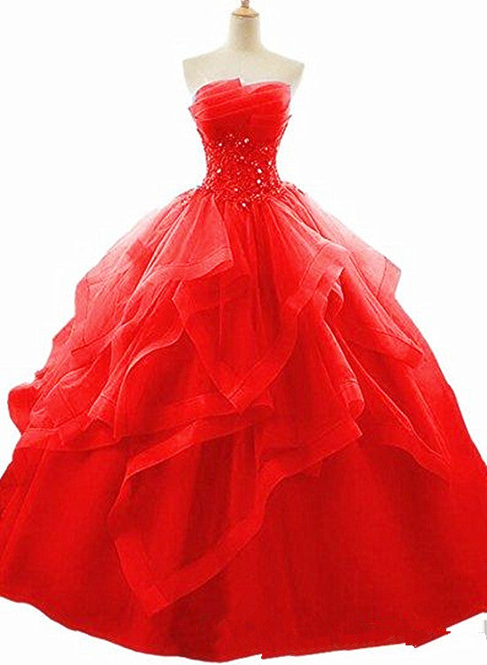 Red Beaded LaceSweet 16 Ball Gown Layers Formal Dress, Prom Dress Part ...