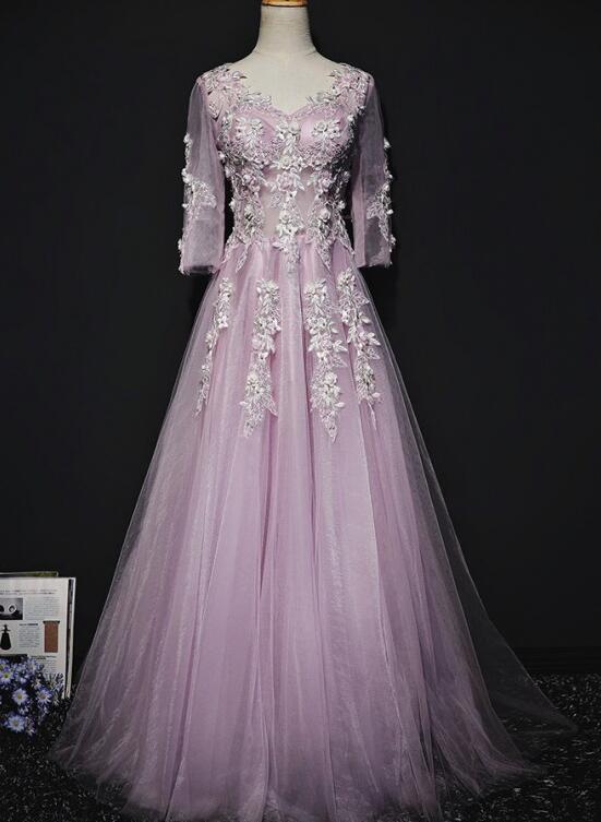 Pink Long Sleeves Tulle With Flowers V-neckline Prom Dress, A-line Pin 