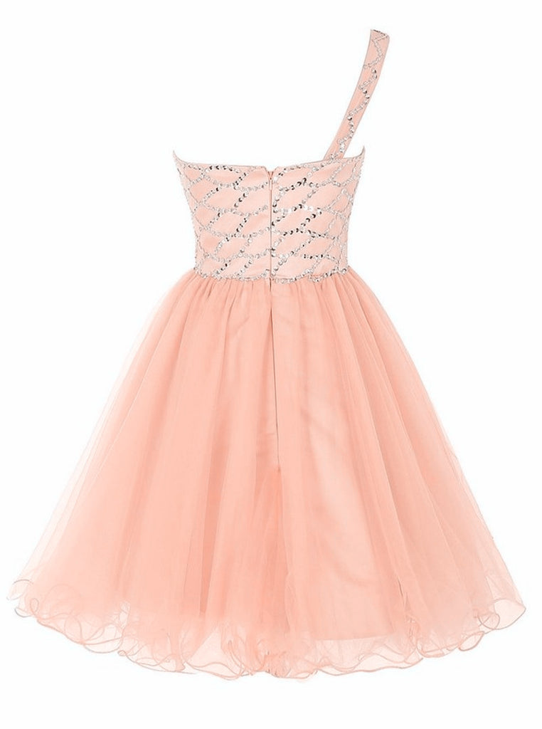 Pink Cute Short Party Dress, One Shoulder Short Dresses, Pink Beaded T ...