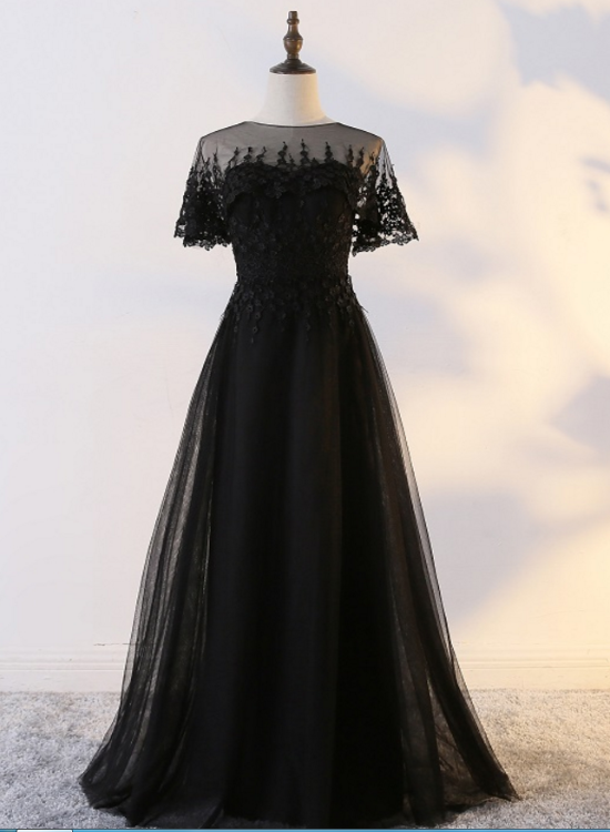 Black Tulle Long Party Dress with Lace Applique, Black Formal Gown ...