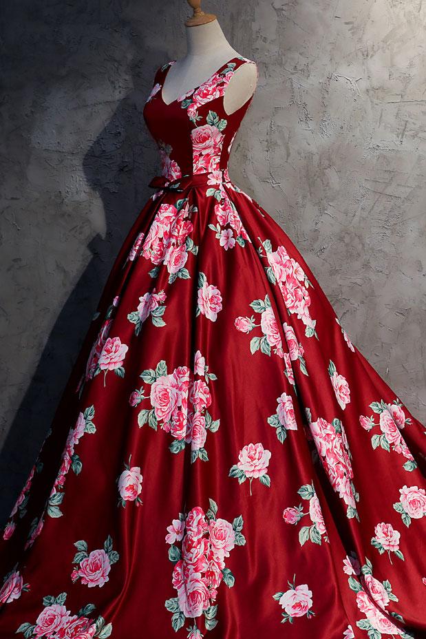 Dark Red Floral V-neckline Gorgeous Gowns, Red Formal Gowns, Pretty Fl ...