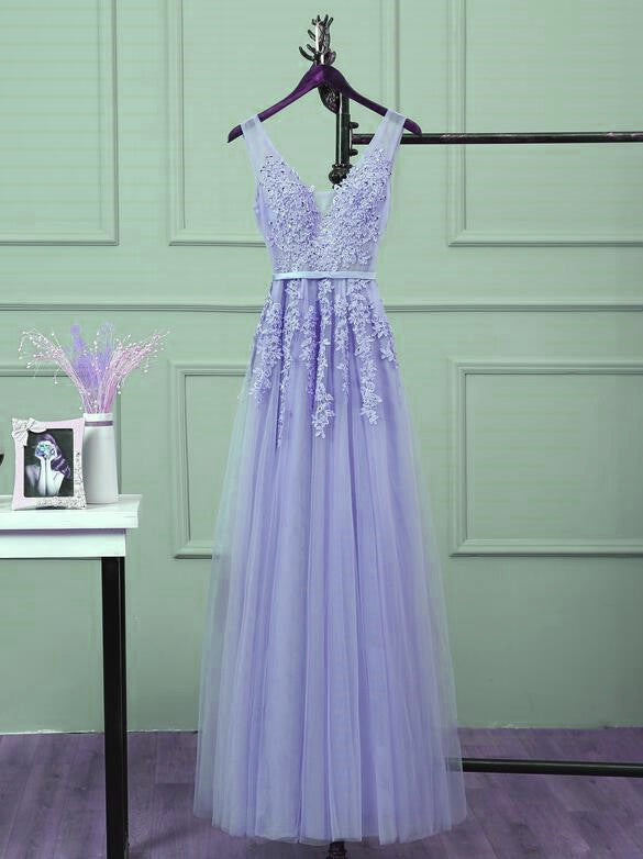 Beautiful Light Purple Tulle Long Party Gown A Line V Neckline Prom D Cutedressy 