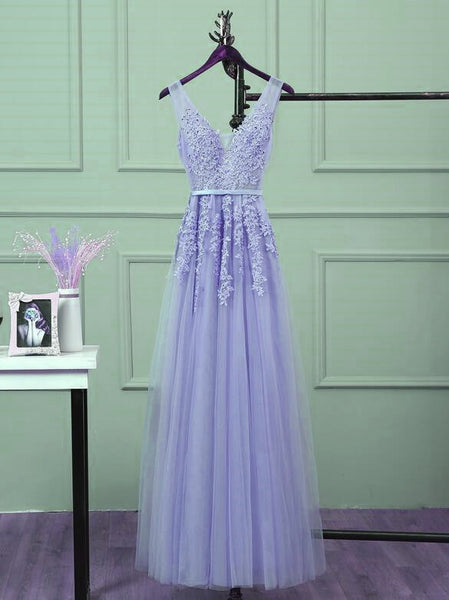 Beautiful Light Purple Tulle Long Party Gown, A-line V-neckline Prom D ...