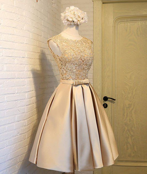 Lovely Satin Gold with Lace Knee Length Prom Dress, Short Party Dress ...