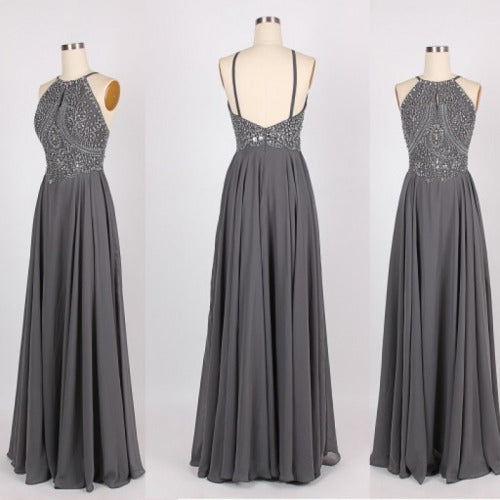 grey chiffon sparkly beaded prom dress