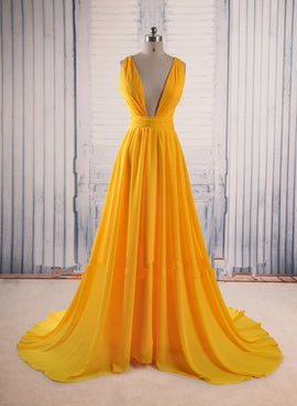 Yellow Chiffon Butterfly Appliques Backless Prom Dresses,CP0001