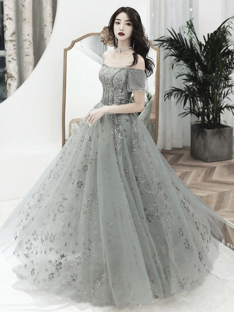 Grey Off Shoulder A-line Tulle with Lace Long Party Dress, Grey Evenin ...