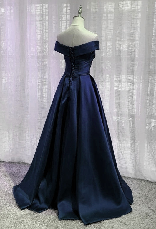 Navy Blue Satin Off Shoulder Floor Length Evening Dress Prom Dress, Bl ...