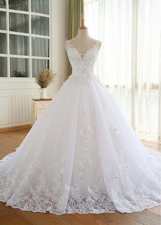 Beautiful White Tulle with Lace V-neckline Wedding Dress, White Beauti ...