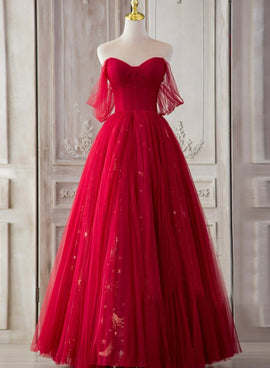 Shiny V Neck Open Back Puffy Red Tulle Long Prom Dresses, Red Tulle Formal  Evening Dresses SP2293