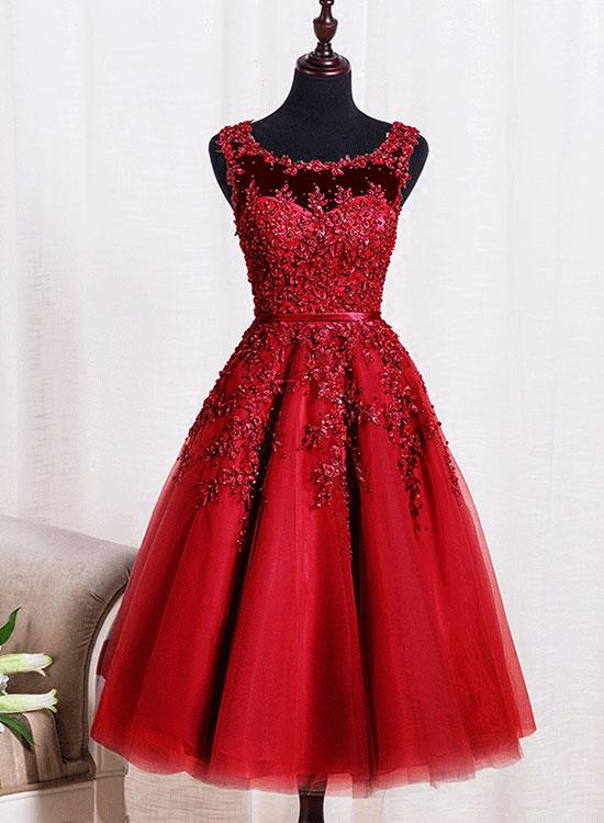 Red Tulle Tea Length Party Dresses, Prom Dresses 2018, Red Homecoming ...