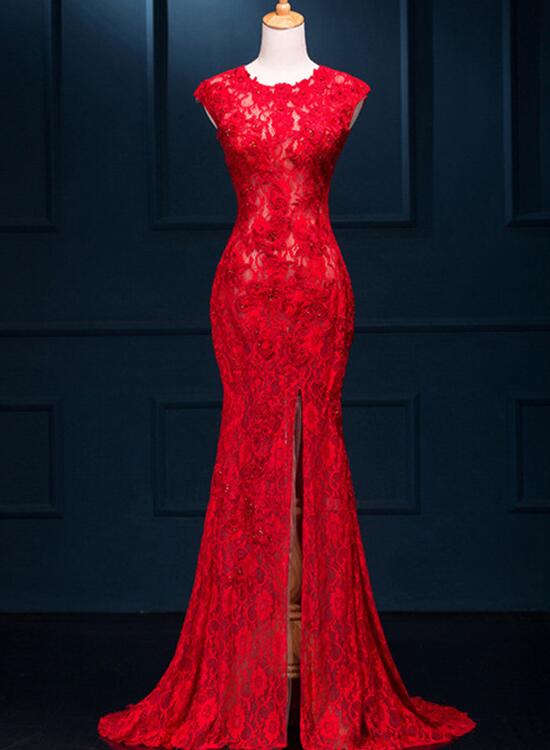 Beautiful Red Lace Mermaid Slit Evening Gowns, Red Formal Gowns, Red P ...