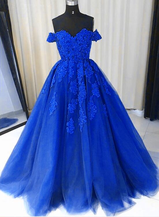 Royal Blue Tulle Lace Appliques A Line Prom Dresses, PL538, 43% OFF