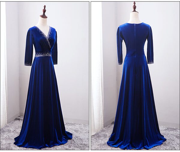 Beautiful Royal Blue Beaded Long Sleeves Wedding Party Dress, Blue Pro ...