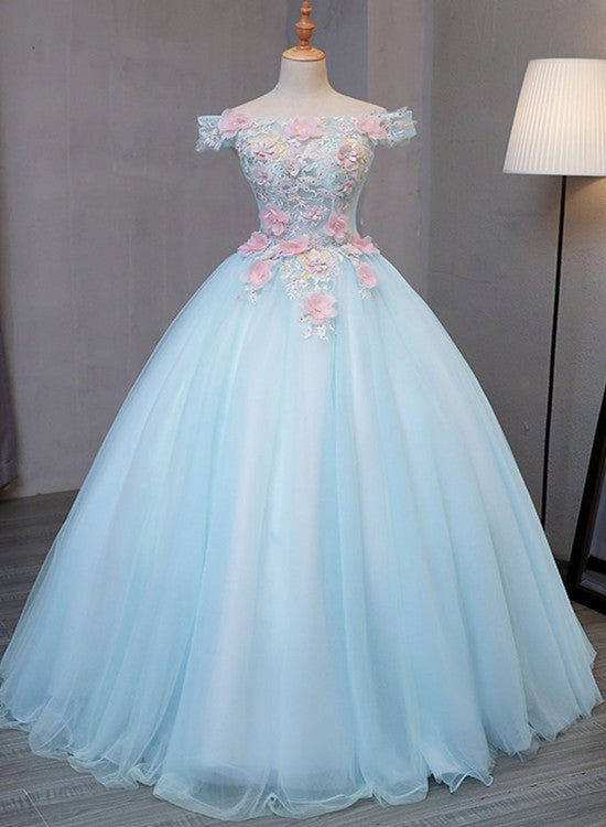 Light Blue Off Shoulder Tulle Princess Sweet 16 Dresses 