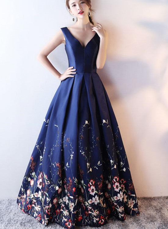 Navy Blue Satin and Floral Floor Length Party Gowns, Prom Dresses 2019 ...