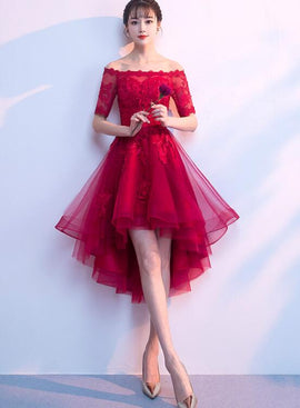 Intriguing Dark Red Lace High-low Cocktail Dress - Promfy