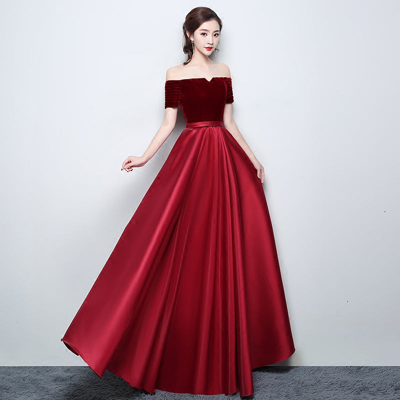 Wine Red Satin with Velvet Prom Dress, Off Shoulder A-line Formal Dres ...
