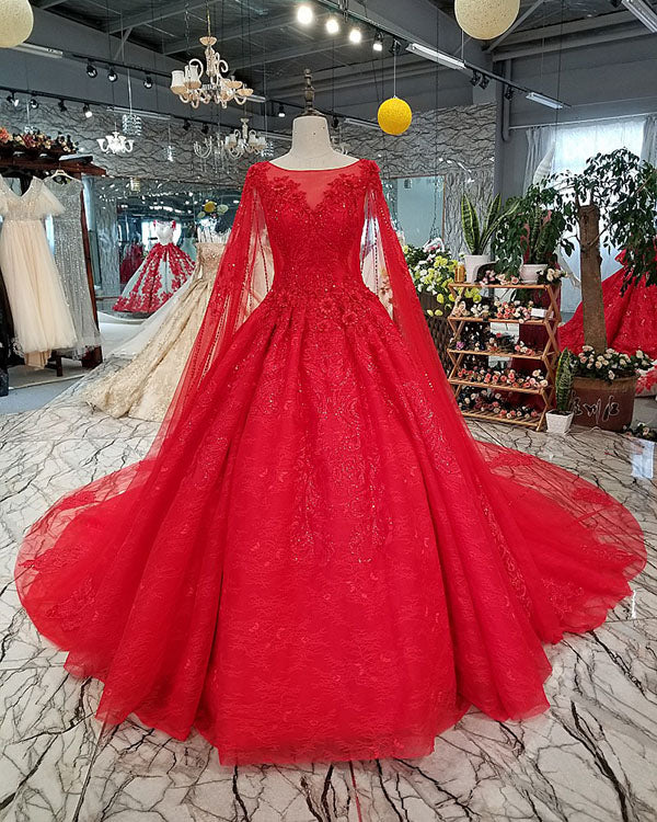 Elegant Red Lace Tulle Ball Gown Wedding Dresses with Full Sleeve 2018 –  angelaweddings