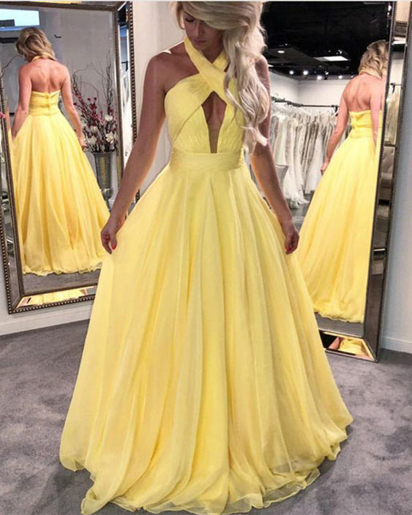 Yellow Prom Dresses 2018 Ruch Ruffles Halter Chiffon Long Pr – angelaweddings
