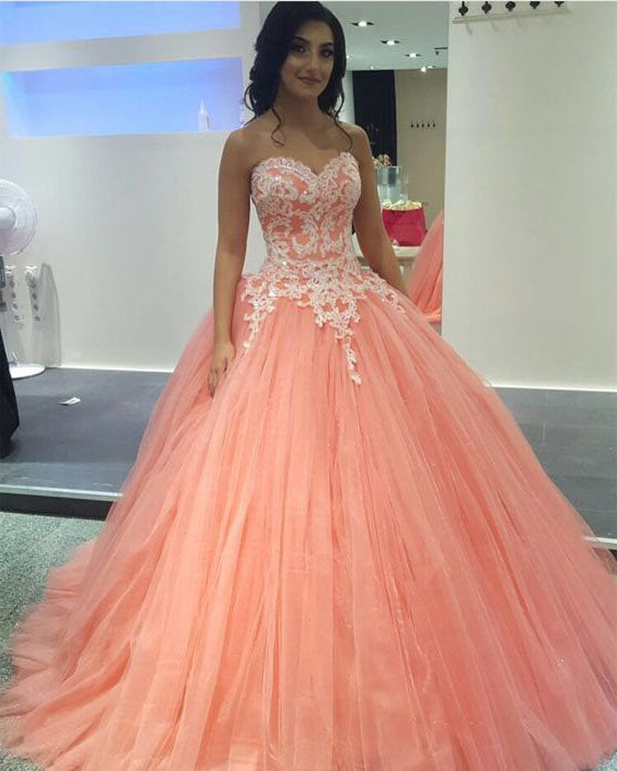Coral Tulle White Appliques Ball Gown Quinceanera Dresses Strapless Sw –  angelaweddings