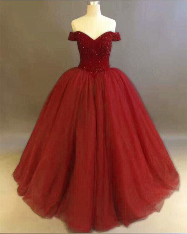 red off the shoulder quinceanera dress