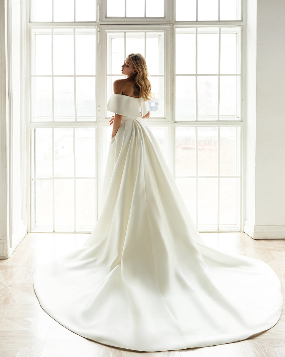 Off The Shoulder Satin Wedding Dress Sheath Silhouette Elegant Bridal ...