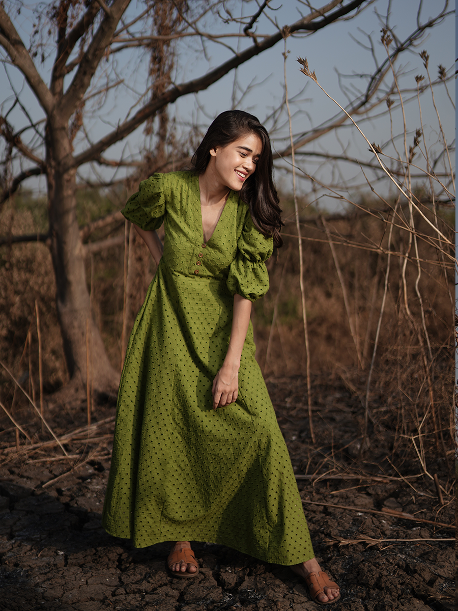Green Hakoba Embroidery Summer Cotton Dress for Women | WhySoBlue