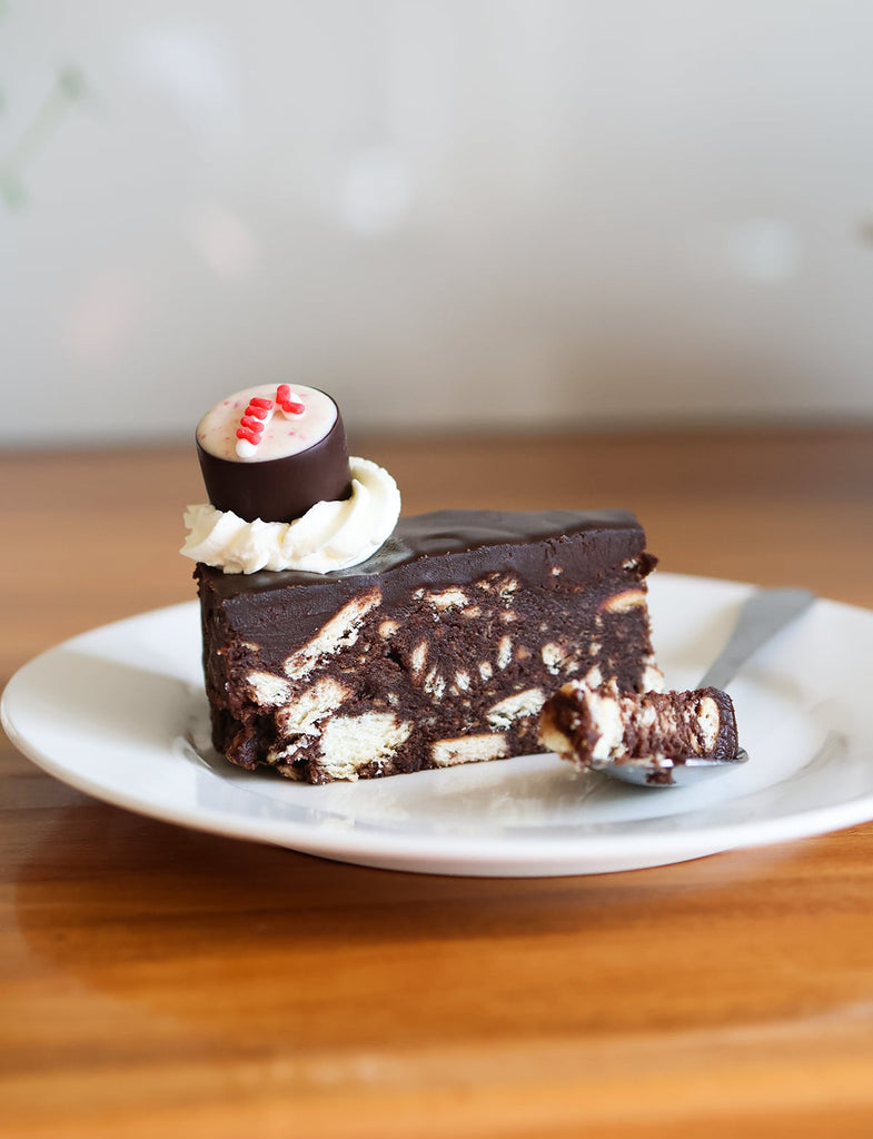 A slice of chocolate no-bake Christmas cake