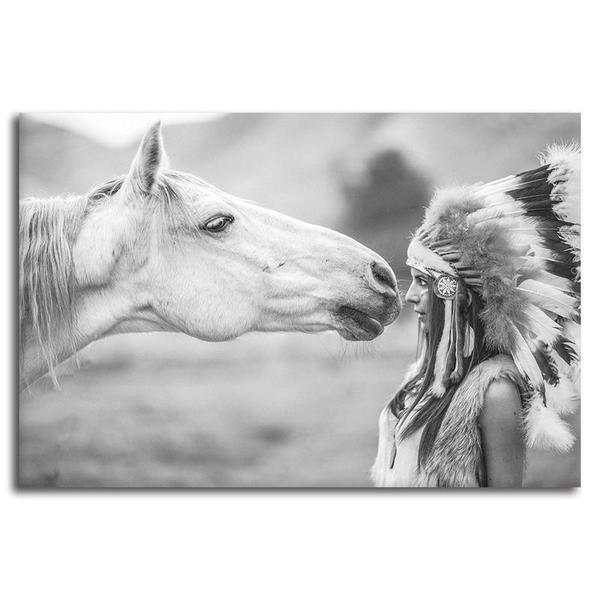 Black White Indian Woman Canvas Wall Art Horse Prints